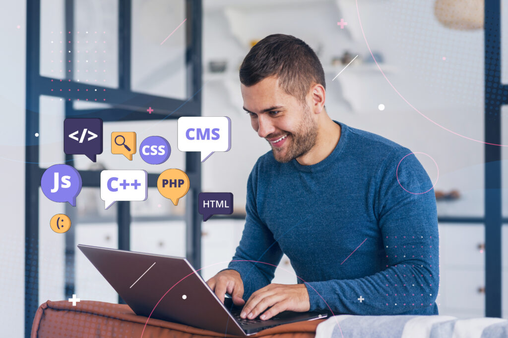 A smiling web developer working on a laptop, surrounded by icons of various programming languages including HTML, CSS, PHP, and JavaScript